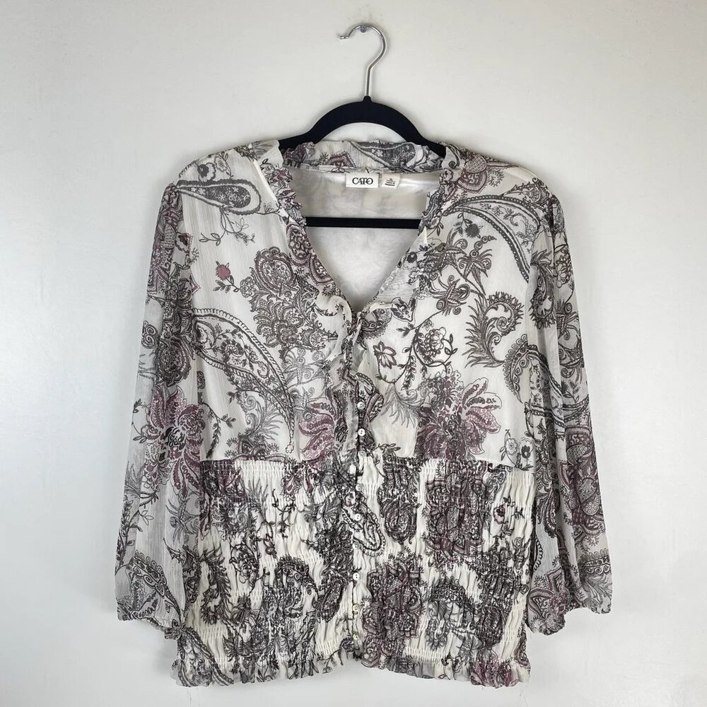 Cato Womens X Large Button Blouse 3/4 Sleeve Elastic Hem Paisley Black Pink